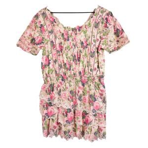 LoveShackFancy Mavis Tiered Mini Cotton Dress in Veiled Kiss Floral Pink - L